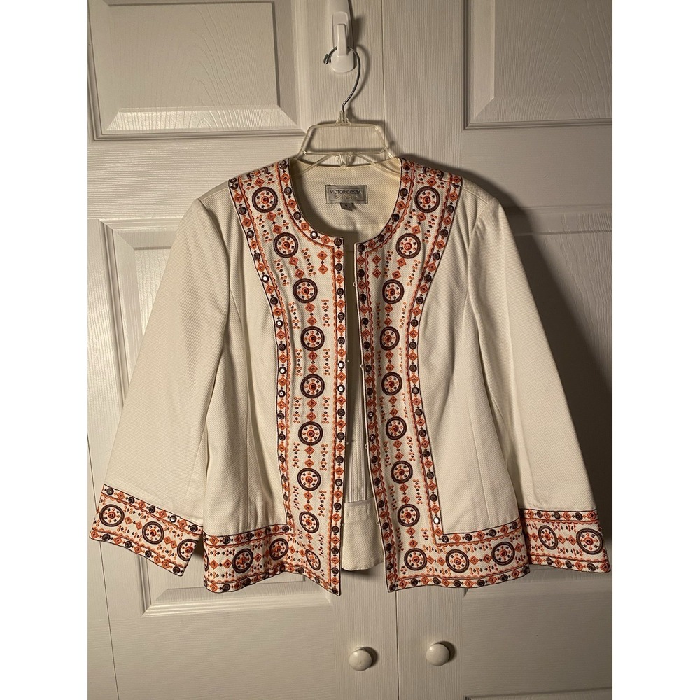 Victor‎ Costa Ivory Orange Black Embroidered Geometric Short Jacket 3/4 Sleeve M